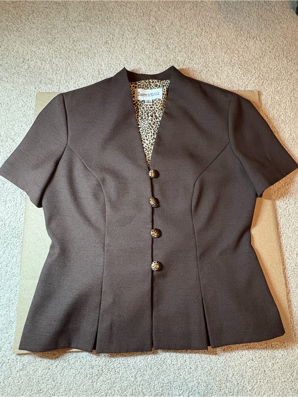 Danny & Nicole Dark Brown Short-Sleeve Blazer with Leopard-Print Buttons